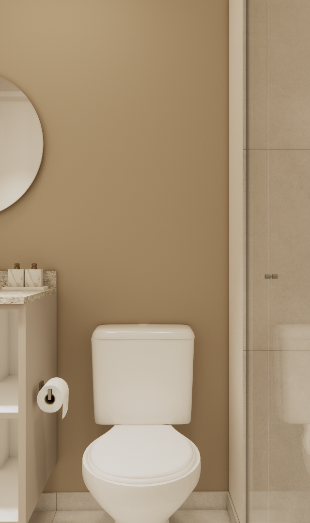 Render 3D de banheiro compacto bege com pia de apoio, espelho redondo, vaso sanitário e box de vidro com revestimento cinza