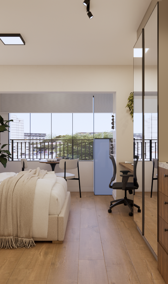 Render 3D de estúdio de 23m² com marcenaria amadeirada, cozinha integrada, tons bege, piso vinílico e luz indireta quente