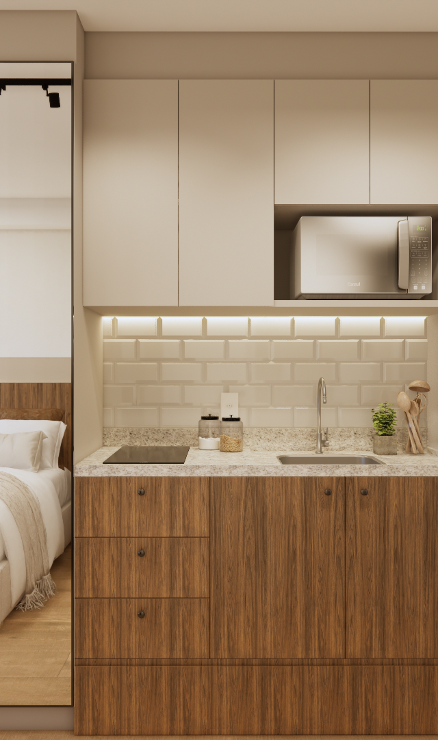 Render 3D de estúdio de 23m² com cozinha linear em madeira e tons claros, espelho, área de trabalho e dormitório integrado