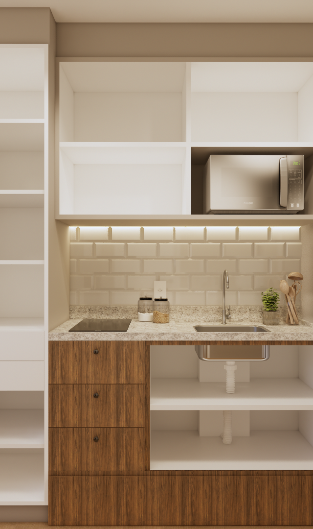Render 3D de cozinha compacta e armários brancos com madeira, bancada de pedra, revestimento tipo metrô e iluminação LED