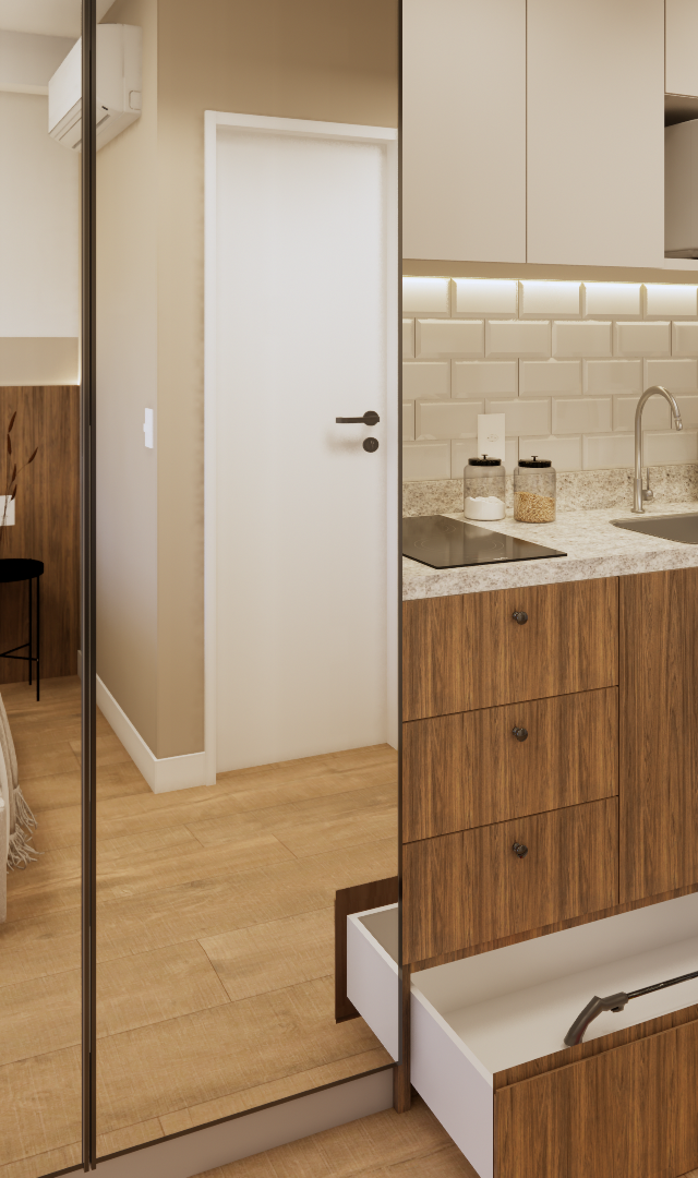 Render 3D de estúdio de 23m² com marcenaria em tons amadeirados, cozinha compacta, espelho e quarto integrado com tons neutros