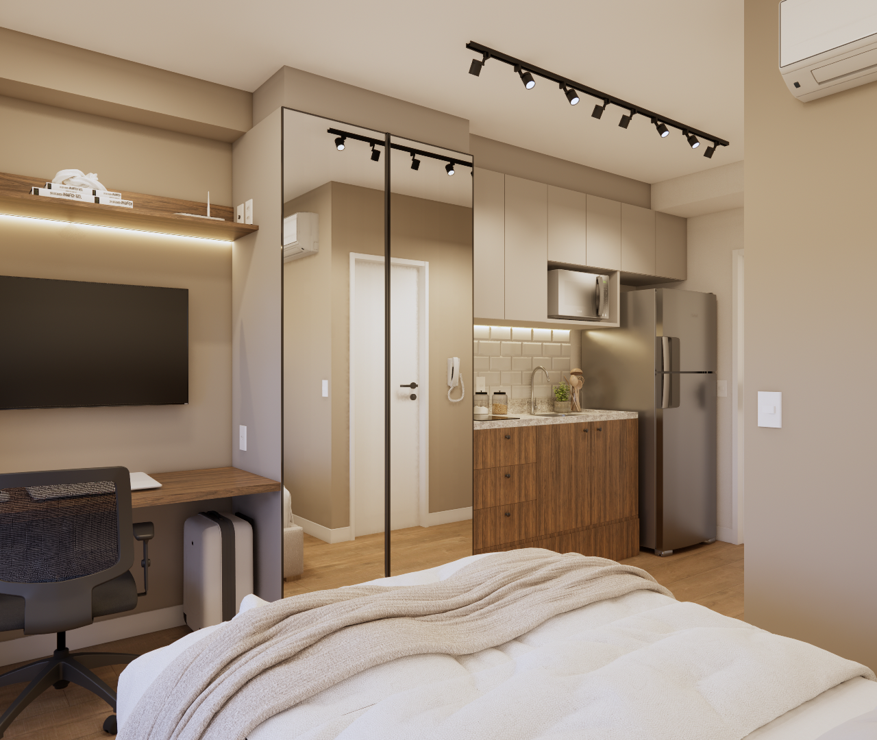Render 3D de estúdio de 23m² com marcenaria em tons neutros, bancada de trabalho, cozinha compacta e iluminação em trilho