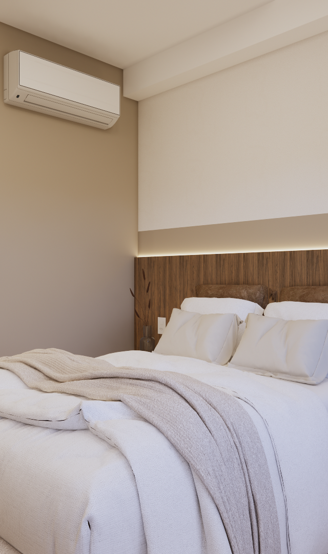 Render 3D de quarto pequeno com cama casal, painel amadeirado, parede bege, ar-condicionado e iluminação em fita de LED