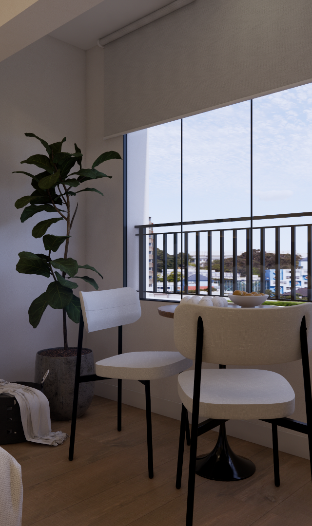 Render 3D de quarto compacto em tons neutros com cama, mesa bistro, cadeiras, planta e vista para a cidade no Butantã