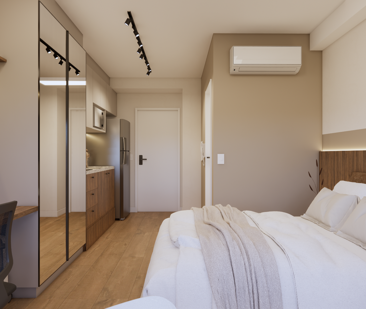 Render 3D de estúdio de 23m² com tons neutros, cama, mesa de trabalho, armários espelhados e iluminação em trilho no teto