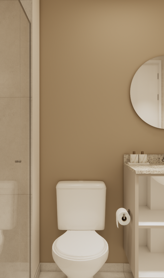 Render 3D de banheiro compacto com box de vidro, gabinete aberto, bancada em granito, espelho redondo e tons terrosos