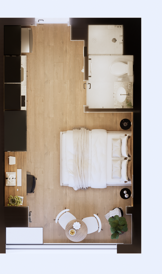 Planta baixa 3D de studio de 23m² com piso amadeirado, cozinha linear preta, banheiro, cama, mesa de jantar e escritório