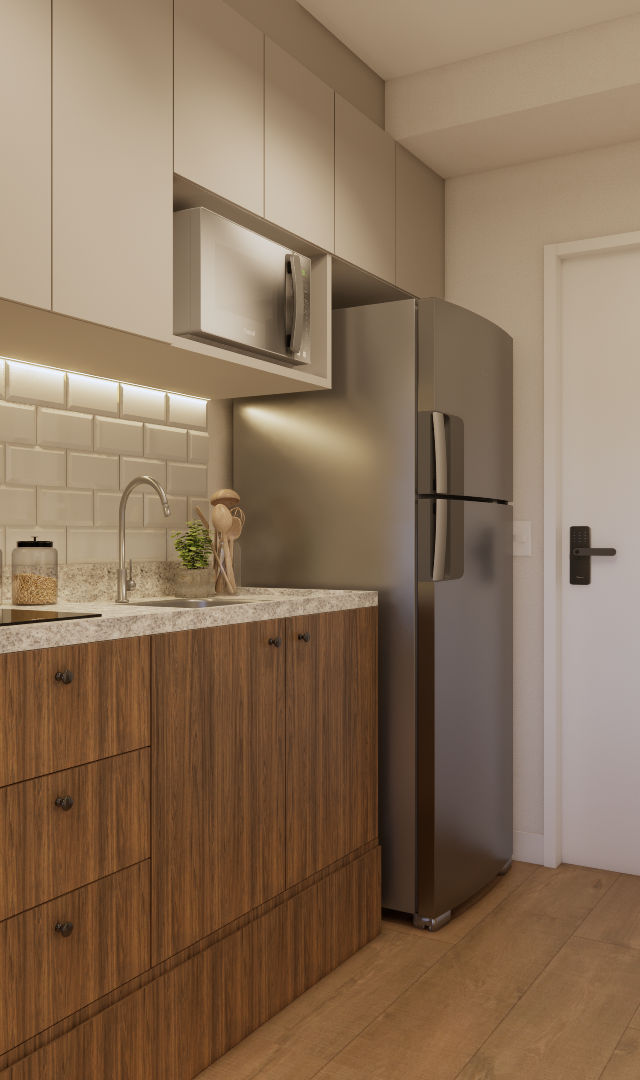 Render 3D de cozinha compacta com marcenaria amadeirada, bancada em granito, azulejos tipo metrô, iluminação led e geladeira