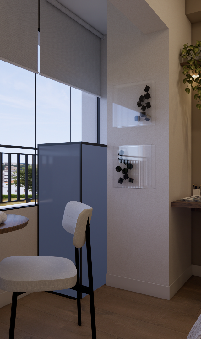 Render 3D de estúdio compacto no Butantã com mesa de jantar, home office, marcenaria em madeira e iluminação em fita LED