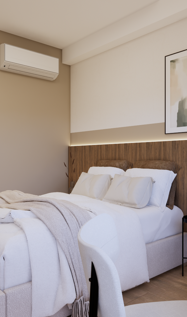 Render 3D de estúdio no Butantã com cama, marcenaria em madeira, tons bege, iluminação indireta e planta decorativa