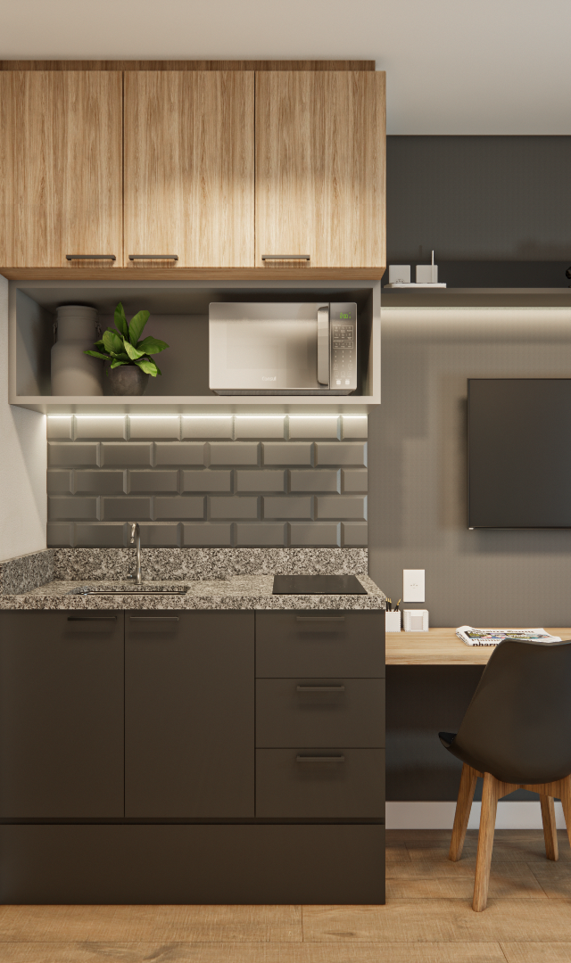 Render 3D NEX ONE VILA NOVA: cozinha compacta integrada a home office, marcenaria cinza e amadeirada, iluminação indireta