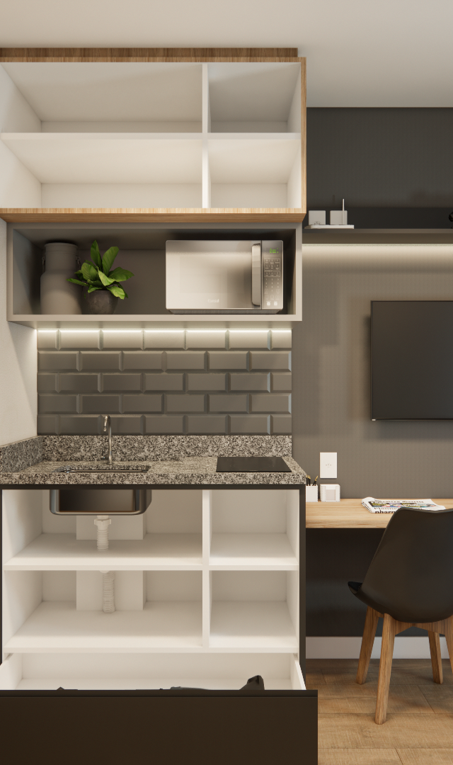 Render 3D de estúdio NEX ONE VILA NOVA com cozinha compacta, marcenaria planejada, mesa e cadeiras em tons neutros
