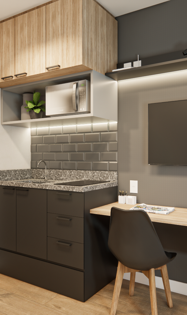 Render 3D JG - NEX ONE VILA NOVA com cozinha compacta, marcenaria em madeira e cinza, bancada granito e mesa integrada