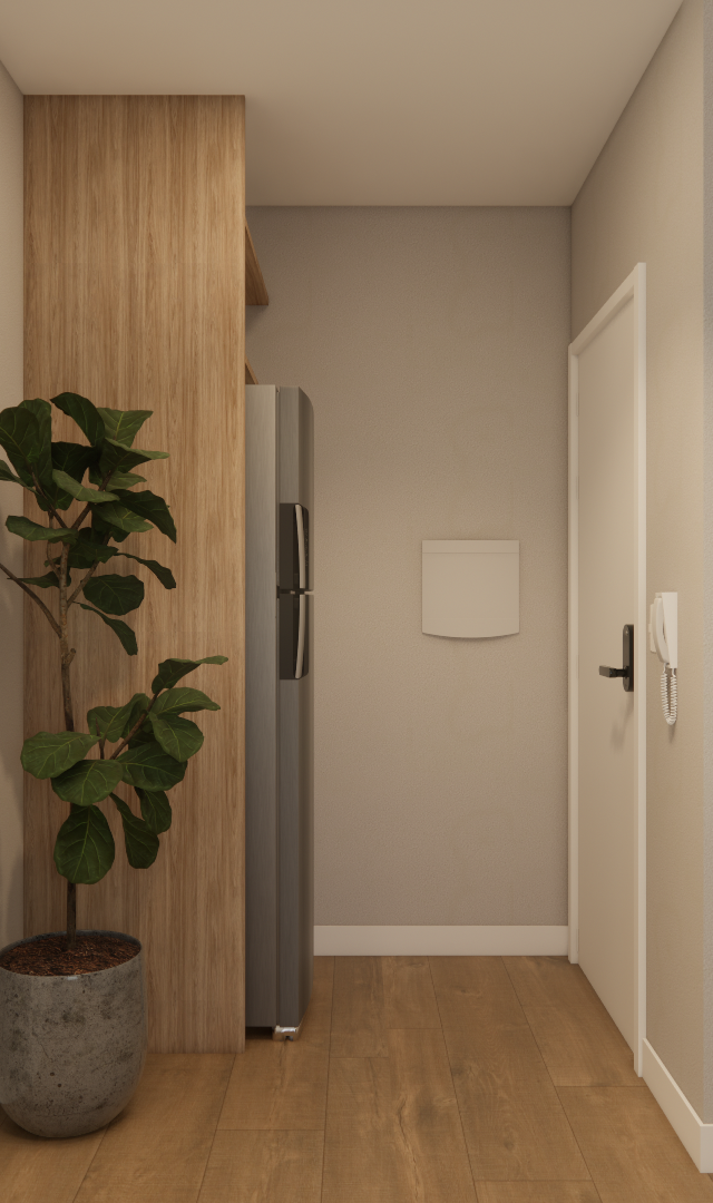 Render 3D do JG NEX ONE VILA NOVA com cozinha em tons neutros, armários amadeirados e pretos, bancada de granito e plantas