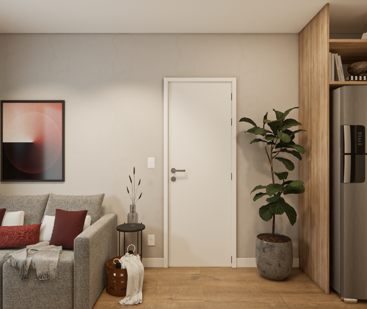 Render 3D de sala com sofá cinza, almofadas bordô, porta central, geladeira em nicho de madeira e planta em vaso de pedra