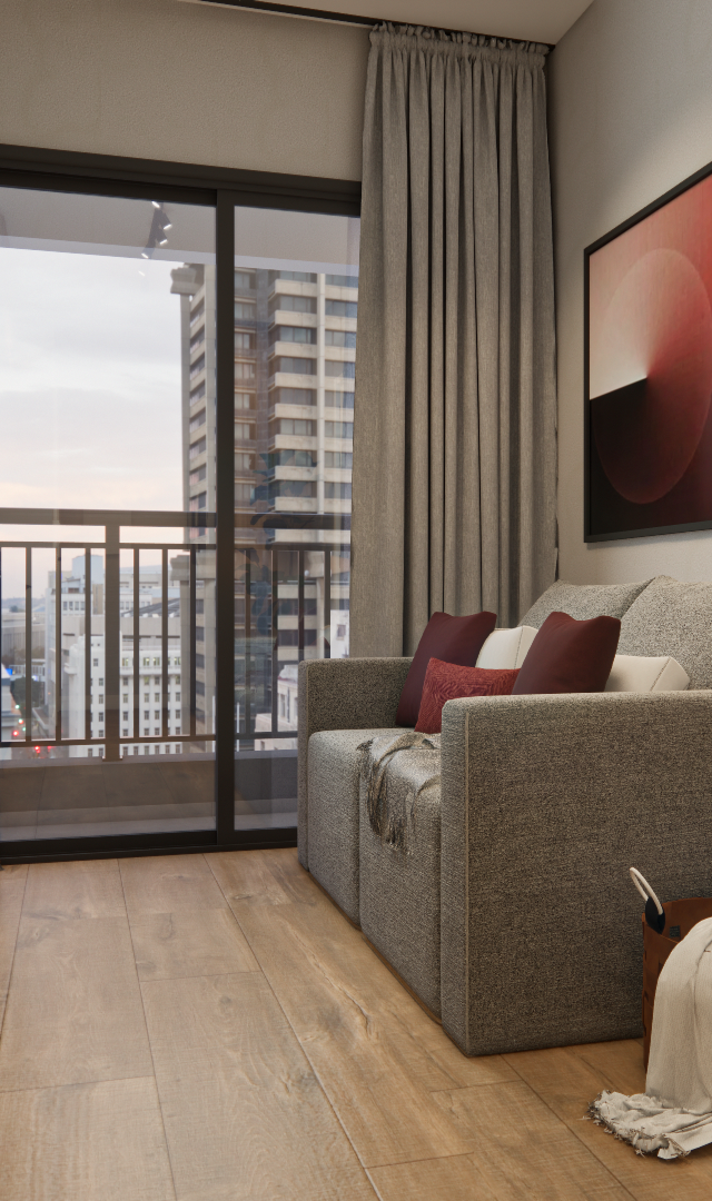 Render 3D: sala do JG NEX ONE VILA NOVA com sofá cinza, mesa, cadeiras pretas, piso amadeirado e vista para prédio urbano
