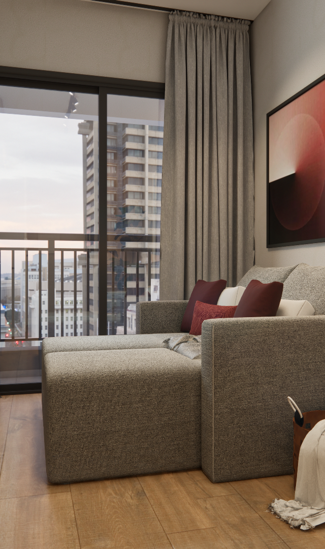 Render 3D da sala integrada NEX ONE Vila Nova com sofá cinza, mesa, cadeiras pretas, piso amadeirado e varanda com vista