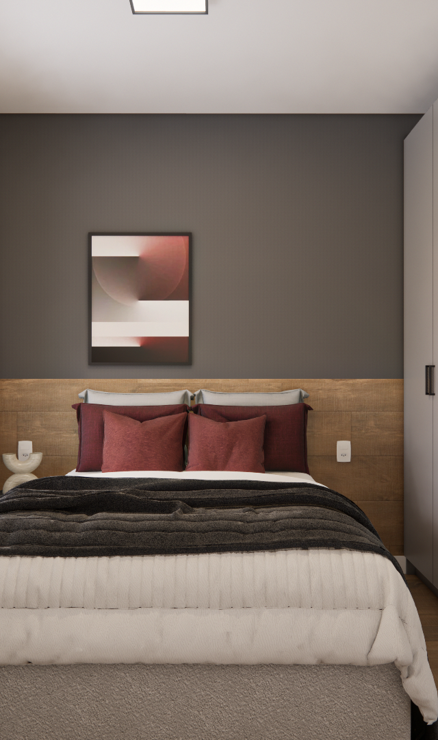 Render 3D de quarto JG - NEX ONE VILA NOVA com cama, cabeceira amadeirada, parede cinza, guarda-roupa e espelho oval