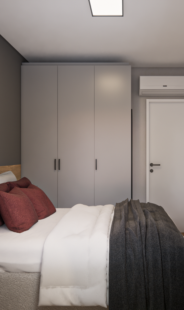 Render 3D do dormitório JG - NEX ONE VILA NOVA com cama, guarda-roupa cinza, parede em tom chumbo e painel amadeirado