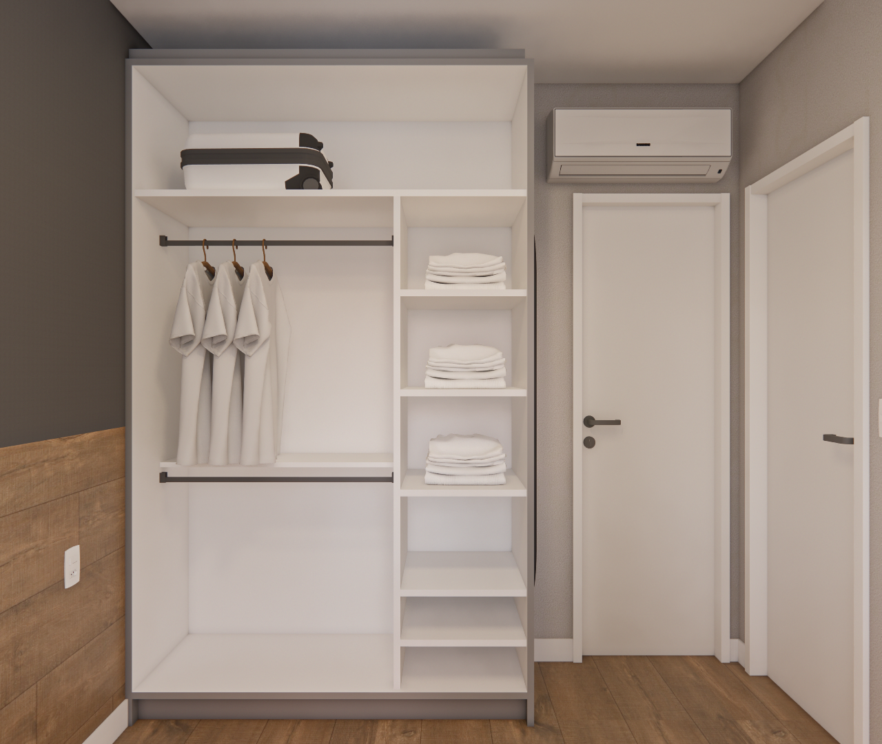 Render 3D de guarda-roupa aberto branco em quarto com piso amadeirado, paredes cinzas e ar-condicionado no NEX ONE VILA NOVA