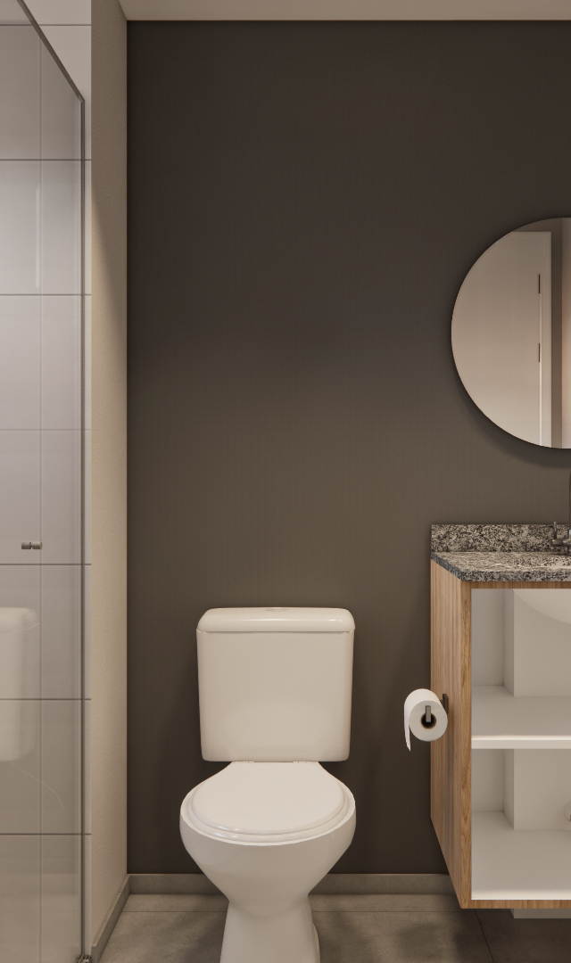 Render 3D de banheiro NEX ONE VILA NOVA com box de vidro, parede cinza escuro, pia com bancada em granito e nicho aberto