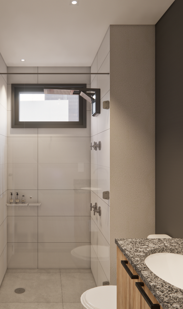 Render 3D de banheiro NEX ONE Vila Nova com box de vidro, metais escuros, espelho circular e bancada em granito cinza