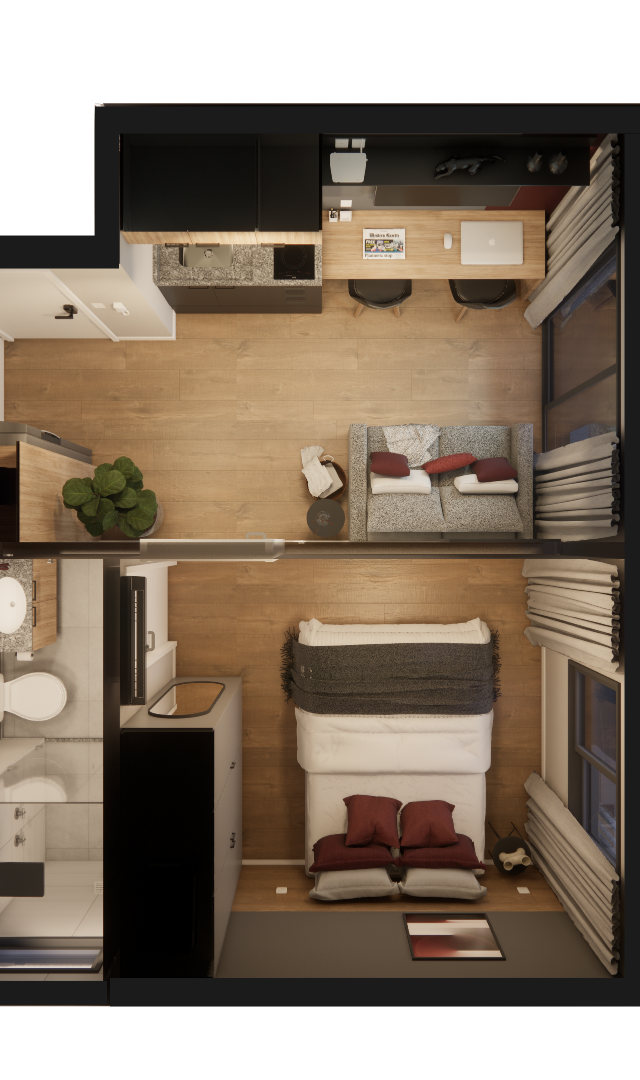 Planta baixa 3D do JG - NEX ONE VILA NOVA com cozinha, sala, quarto e banheiro, piso amadeirado e tons de cinza e vinho
