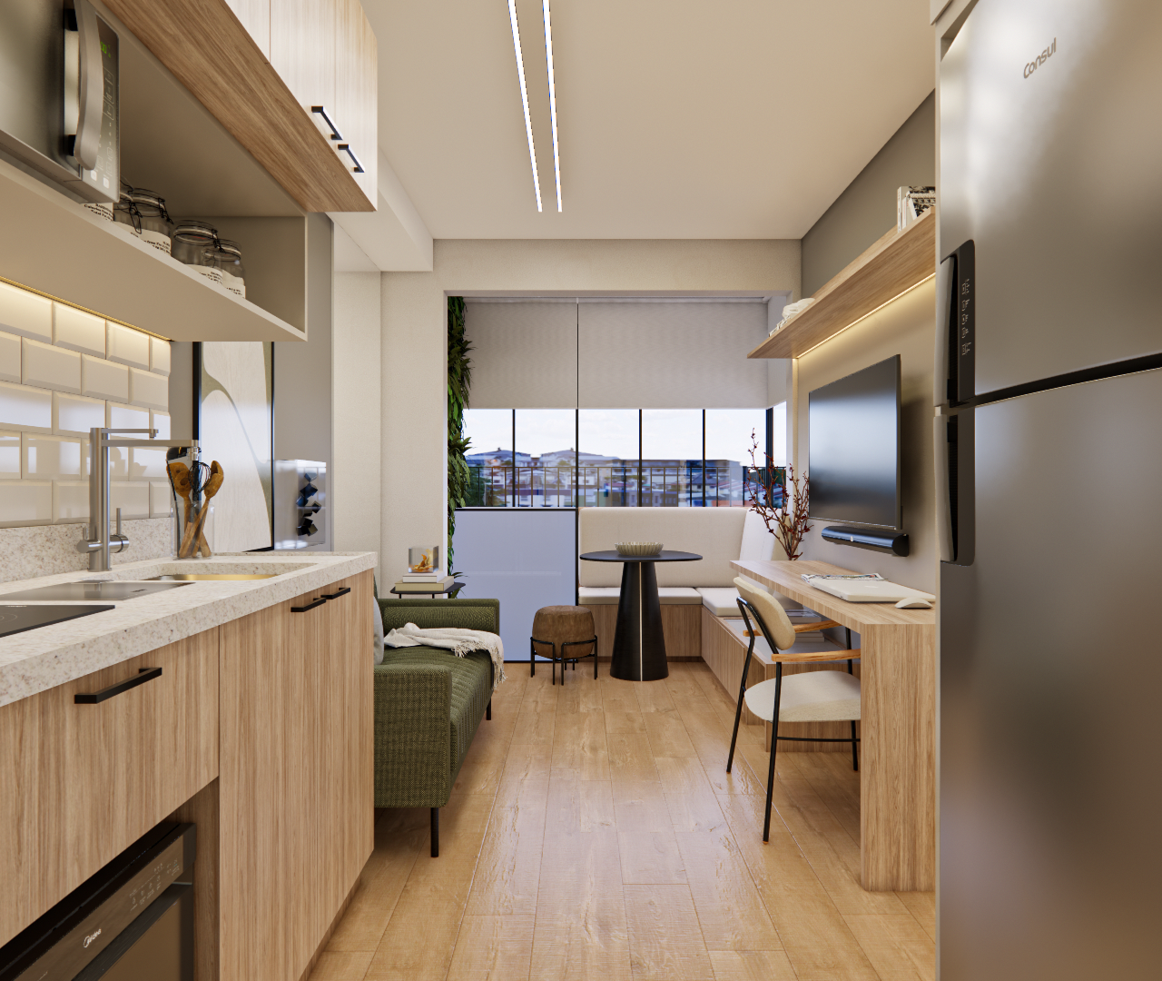 Cozinha amadeirada com bancada clara, prateleiras abertas e mesa de refeições junto à janela do ambiente integrado.
