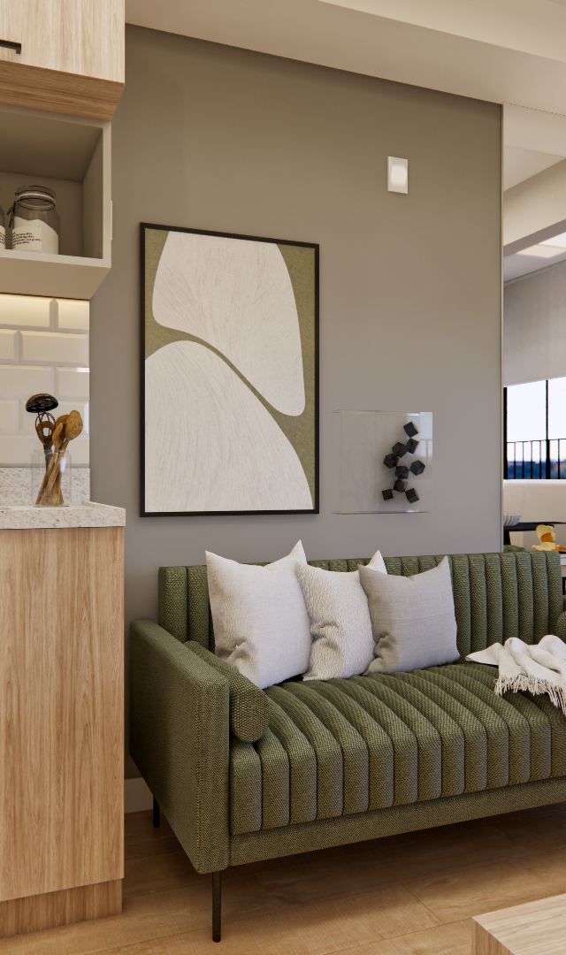 Render 3D: sala e cozinha integradas, marcenaria em madeira clara, sofá verde, parede cinza e jardim vertical no fundo