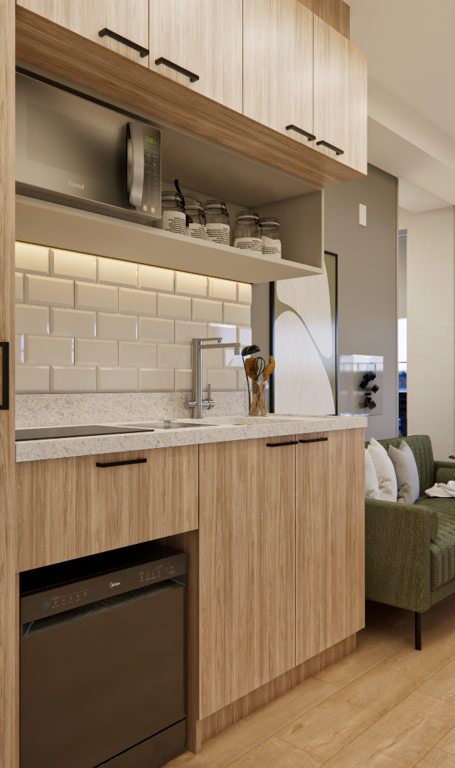 Render 3D de cozinha compacta com marcenaria em tom madeira, bancada clara, revestimento tipo tijolinho e sofá verde ao fundo