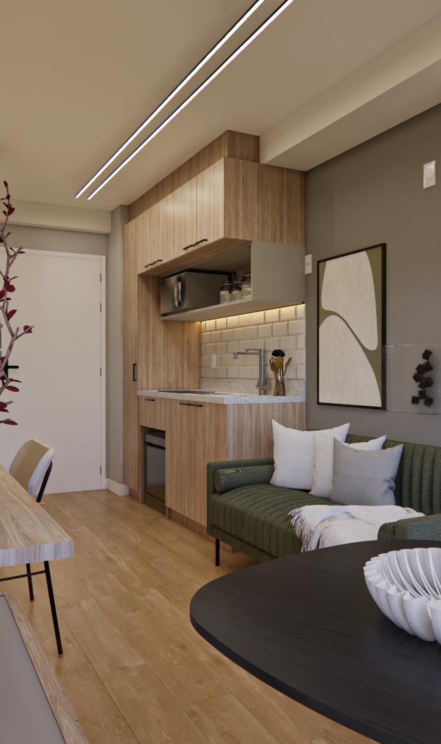Render 3D do projeto SC - DO IT Pinheiros com cozinha em madeira, sofá verde, mesa preta e iluminação linear aconchegante
