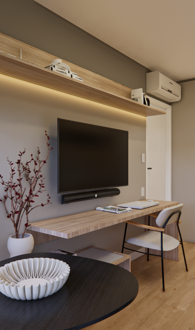 Render 3D de sala e cozinha integradas, marcenaria em tons amadeirados, paredes cinzas, iluminação embutida e piso vinílico