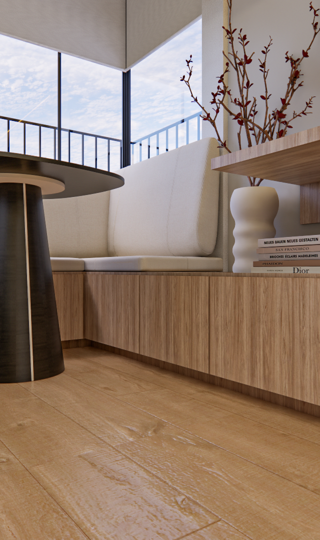 Render 3D varanda gourmet SC DO IT Pinheiros com banco em L marcenaria amadeirada mesa preta puff couro e luz natural