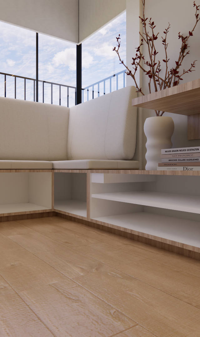 Render 3D do projeto SC - DO IT PINHEIROS com banco em L, marcenaria em madeira clara, piso amadeirado e luz natural