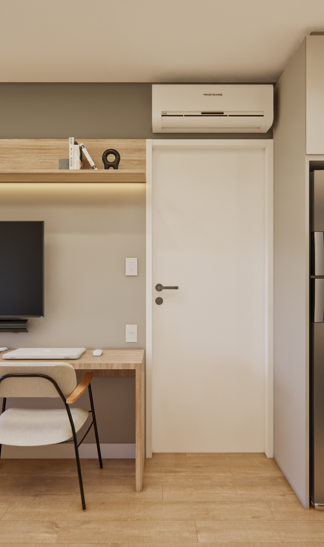 Render 3D de sala e cozinha integrada SC DO IT Pinheiros, marcenaria em tons amadeirados, geladeira inox e luz indireta