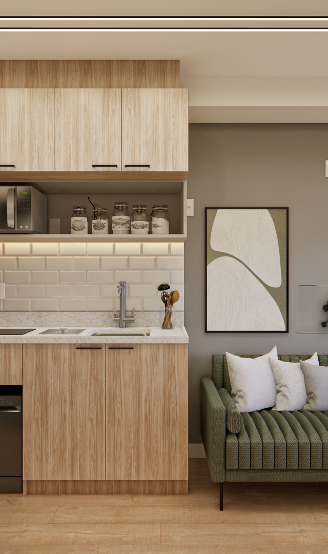 Render 3D do projeto SC - DO IT PINHEIROS com cozinha de marcenaria amadeirada, sofá verde e parede com jardim vertical