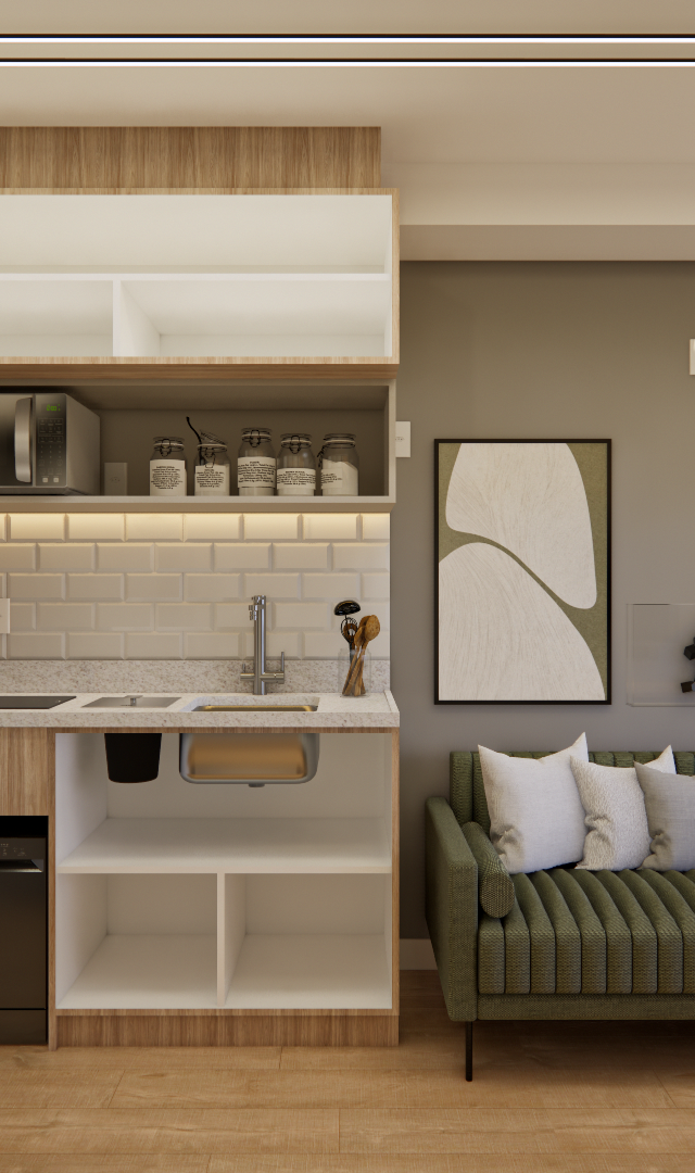Render 3D de cozinha compacta e sala com sofá verde, marcenaria em madeira clara, azulejo branco e iluminação em trilho