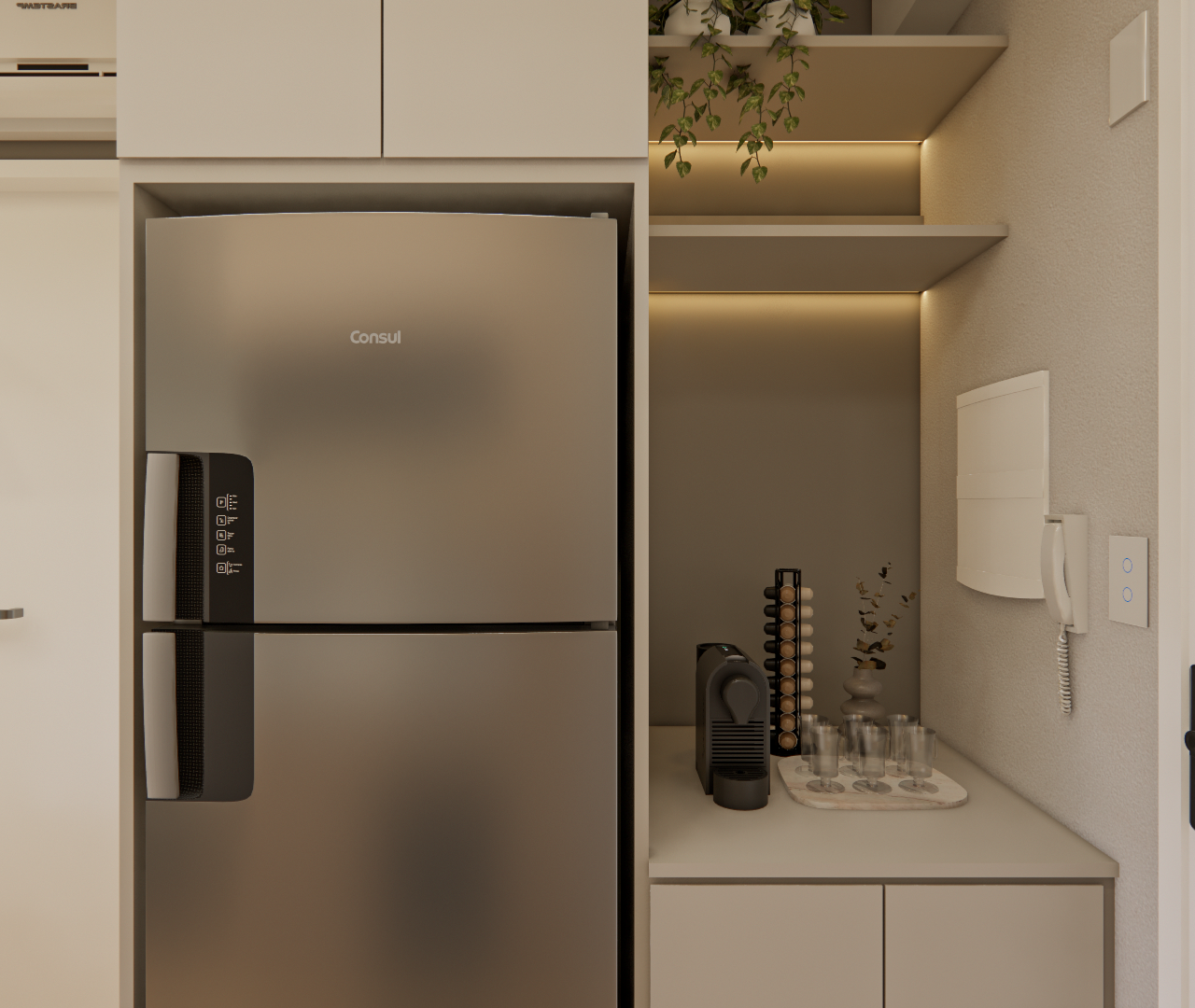Render 3D de cozinha no SC DO IT Pinheiros com geladeira inox, marcenaria neutra, prateleiras com fita LED e cafeteira