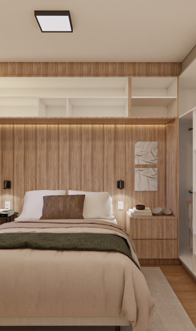 Render 3D de quarto no SC DO IT Pinheiros com marcenaria amadeirada, nichos brancos, espelho orgânico e iluminação quente