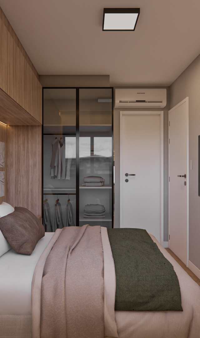 Render 3D de quarto no SC - DO IT PINHEIROS com painel de madeira, armário com portas de vidro, TV e iluminação quente