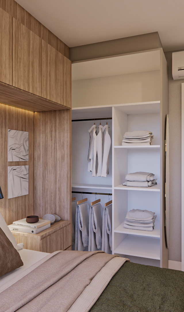 Render 3D de quarto no SC - DO IT PINHEIROS com marcenaria em tom madeira, closet aberto branco, iluminação quente e cama