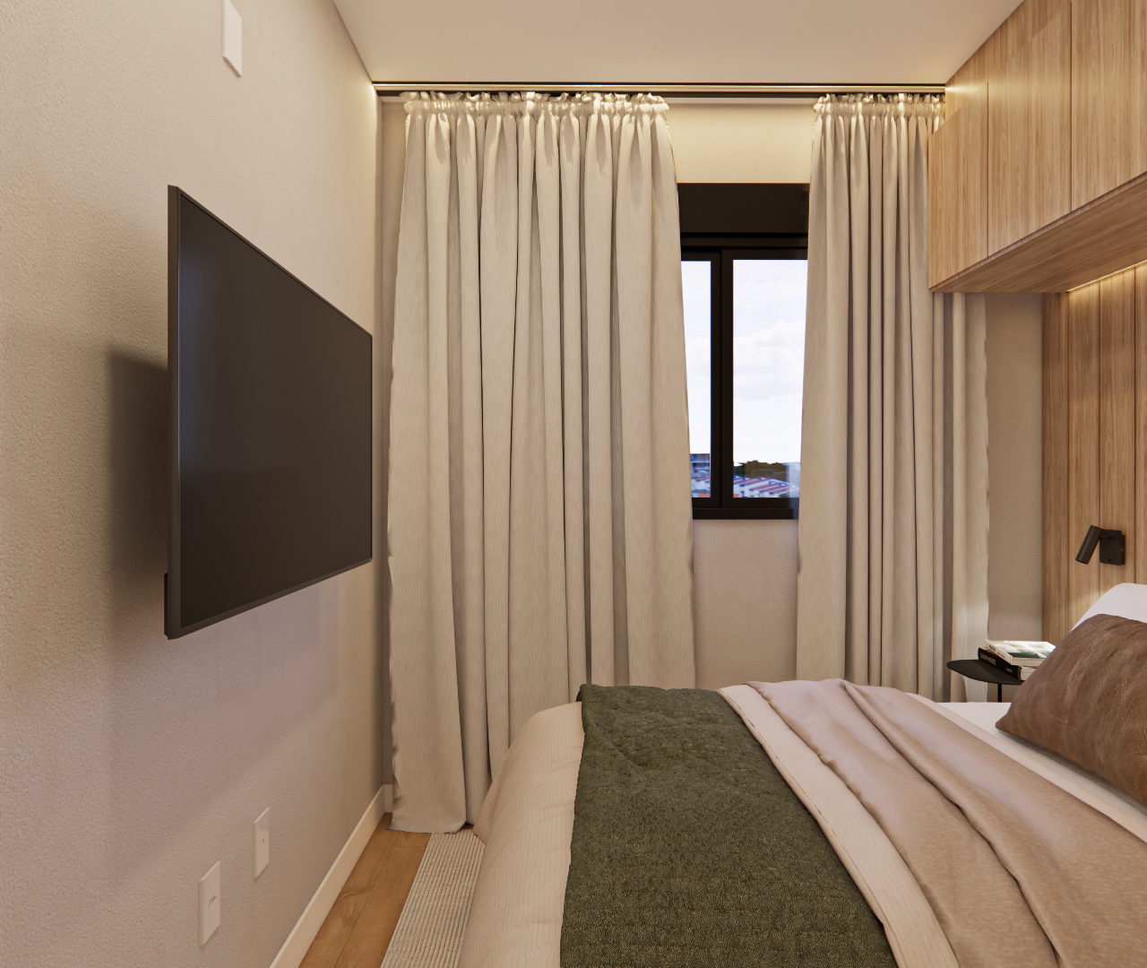 Render 3D de quarto no SC - DO IT PINHEIROS com painel de madeira, marcenaria clara, cortinas bege e iluminação indireta