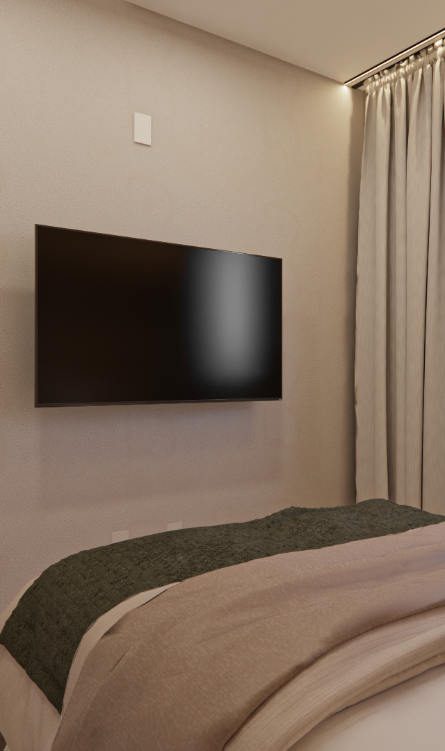 Render 3D de quarto no SC - DO IT PINHEIROS com TV na parede cinza, cortinas claras, cama em tons neutros e iluminação suave