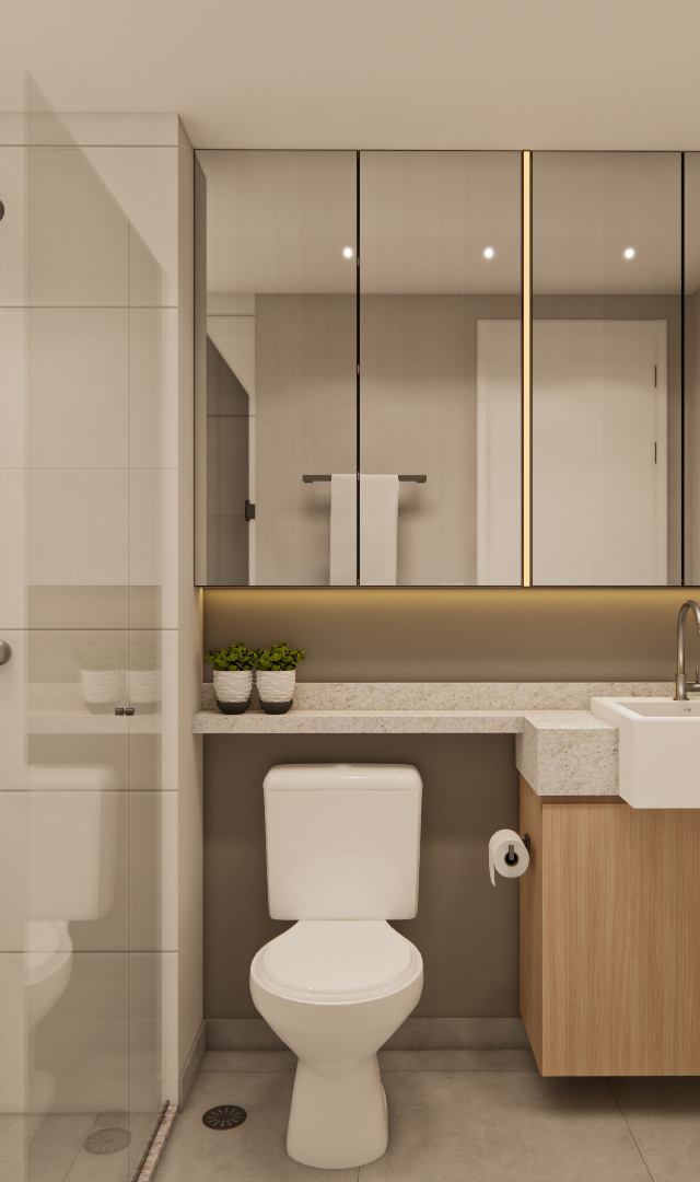 Render 3D de banheiro SC - DO IT Pinheiros com marcenaria em madeira clara, espelheira, iluminação indireta e tons neutros