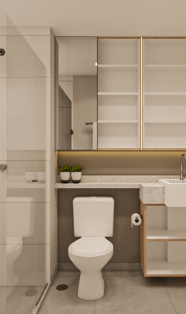 Render 3D de banheiro moderno no SC DO IT Pinheiros, tons neutros, marcenaria clara, bancada em granito e iluminação LED