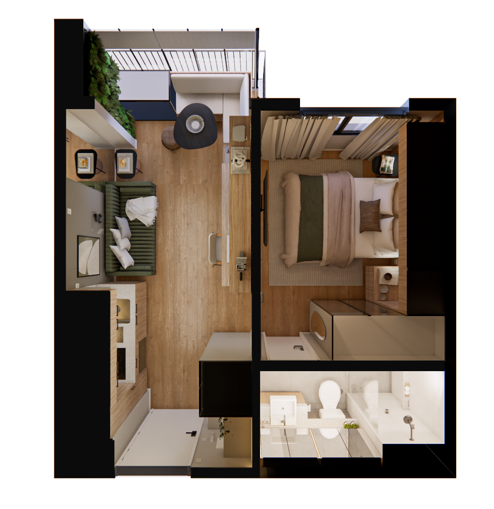 Planta baixa 3D do SC - DO IT Pinheiros com sala integrada, cozinha linear, quarto com tons neutros e banheiro moderno