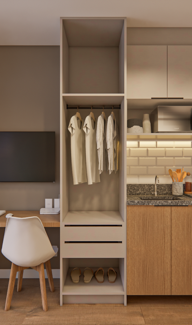 Render 3D de estúdio compacto com marcenaria em tons de bege e madeira, bancada em granito, cozinha, mesa e TV