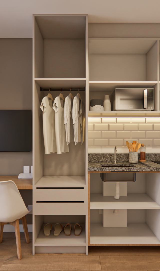 Render 3D de estúdio com marcenaria planejada, bancada de granito, eletrodomésticos em inox e tons neutros com iluminação LED