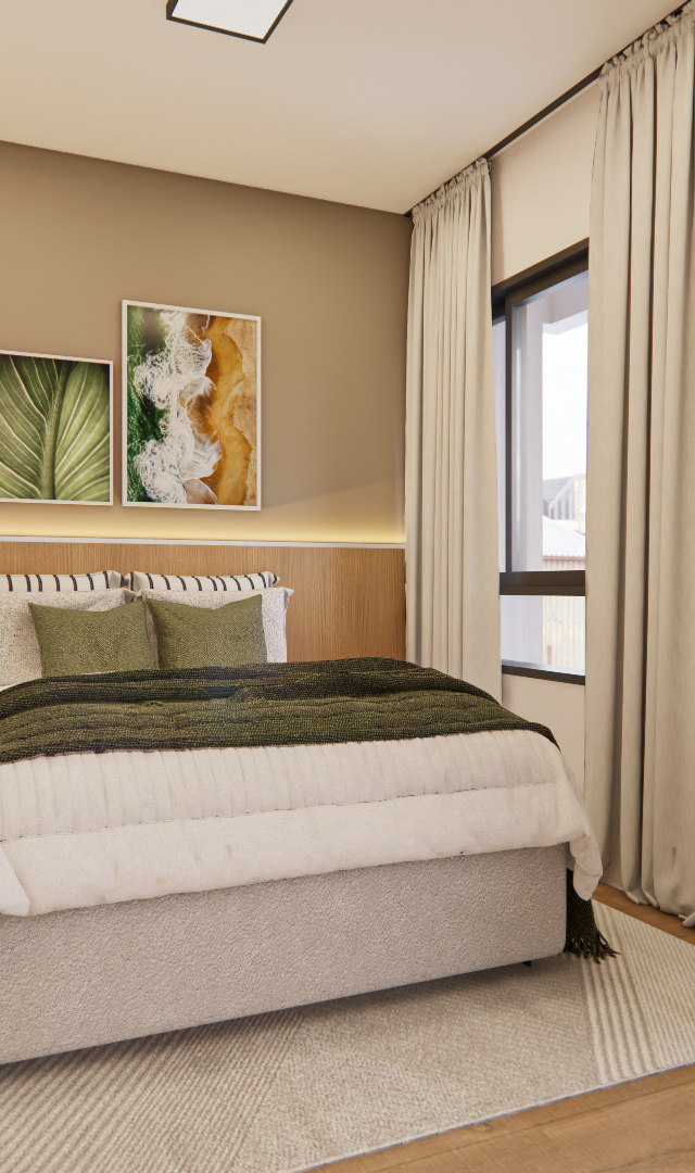 Render 3D de quarto moderno com cama, marcenaria em madeira, parede bege, cortinas claras e iluminação indireta quente