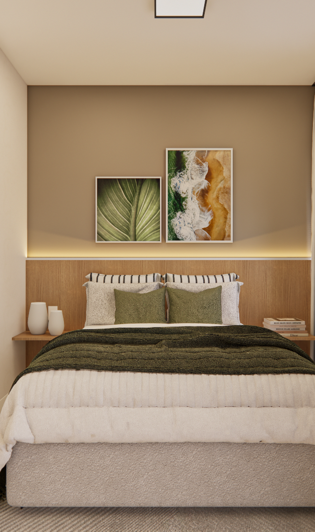 Render 3D de quarto no NEX ONE Pereira Coutinho com cama, cabeceira de madeira, espelho oval, tons neutros e verde
